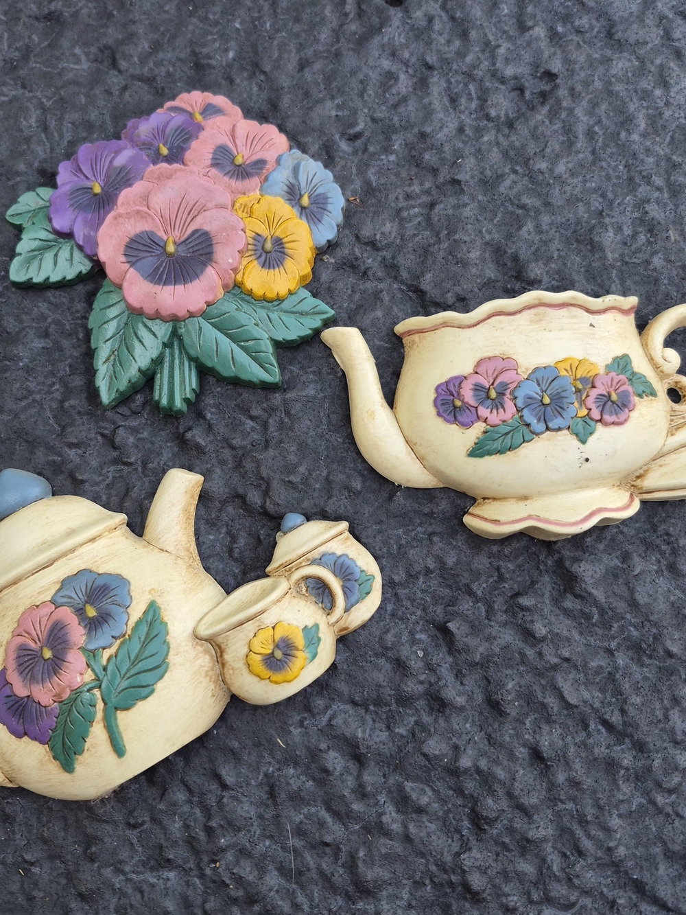 Vintage Burwood Products Plastic Pansy Teapot Wall Decor Set